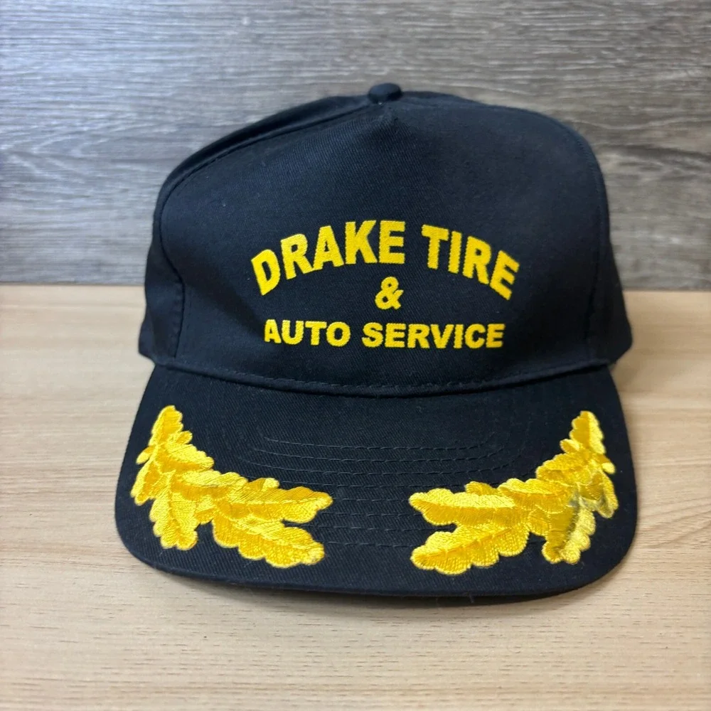 Vintage Drake Tire Hat Cap Snap Back Black Trucker Auto Service Adjustable